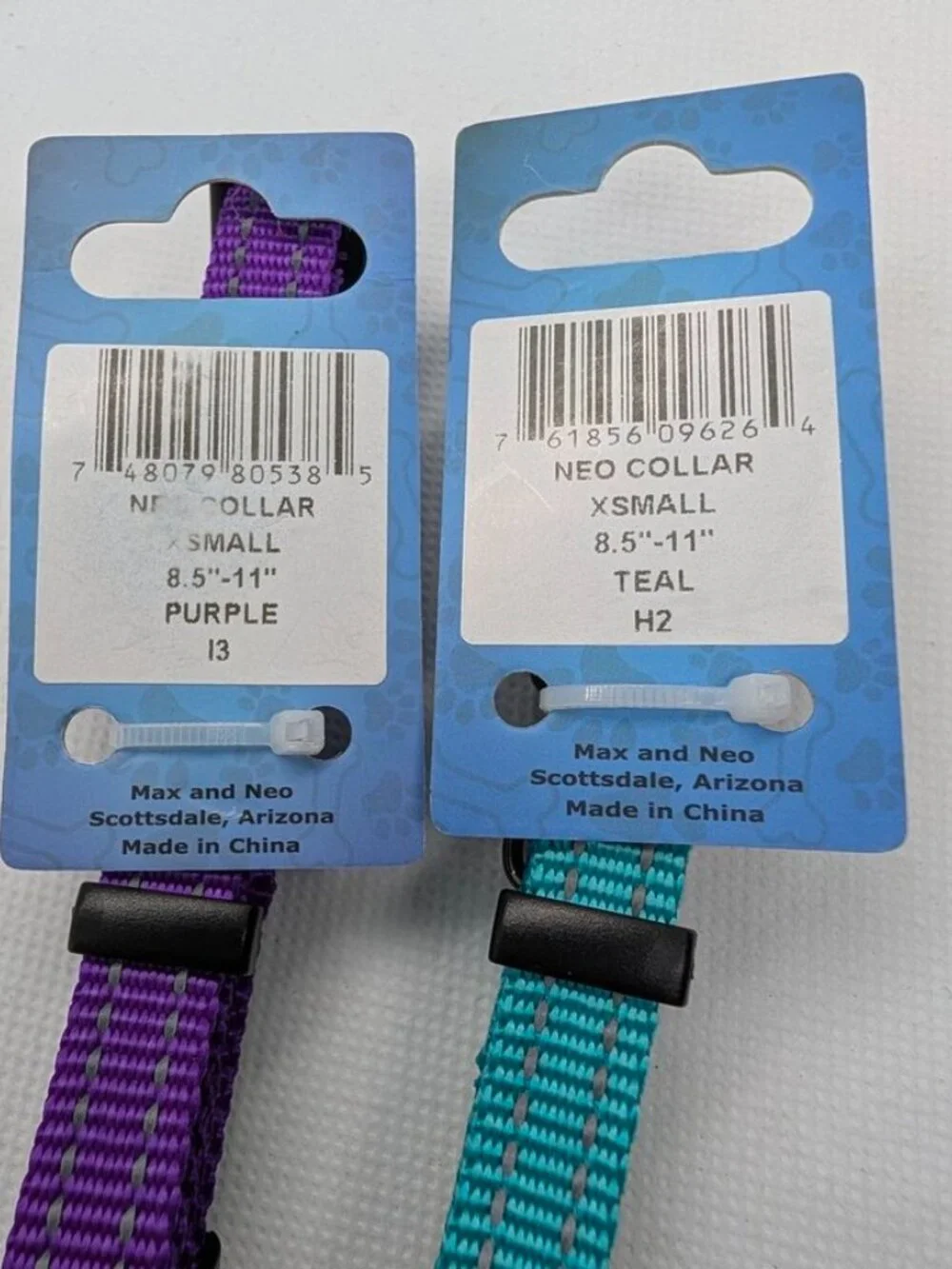 2 Max & Neo X-Small Purple & Teal Dog Collars Reflective Adjustable 8.5